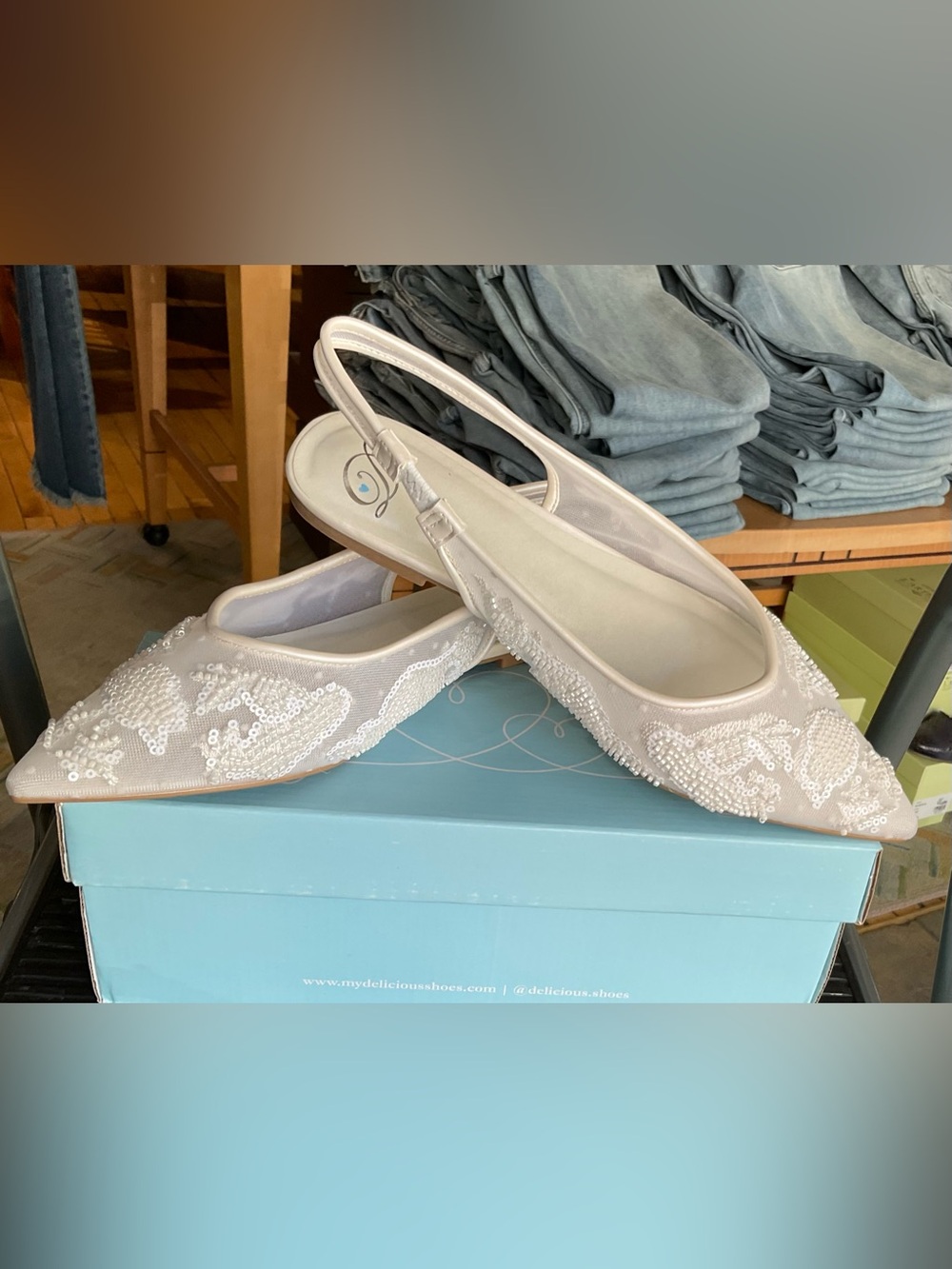 Embellished Ivory Slingback Pointed Toe Flats